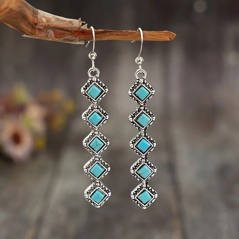 NEW retro long turquoise drop earrings, bohemian jewelry, BOHO turquoise jewelry - Picture 5 of 5